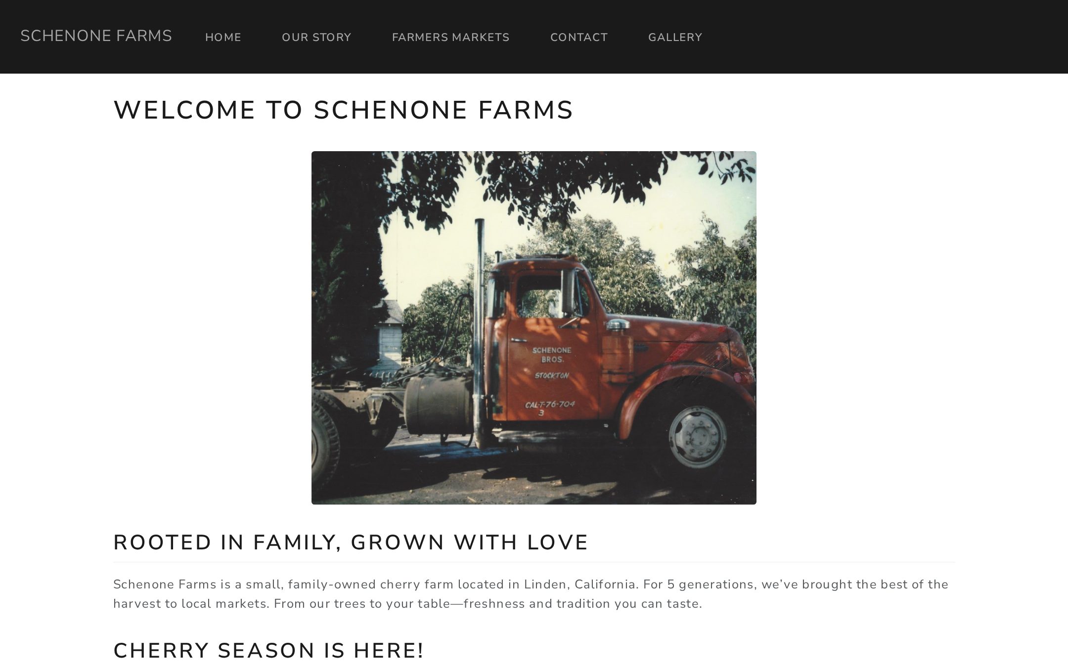 Schenone Farms home page with a vintage Schenone Bros. farm truck